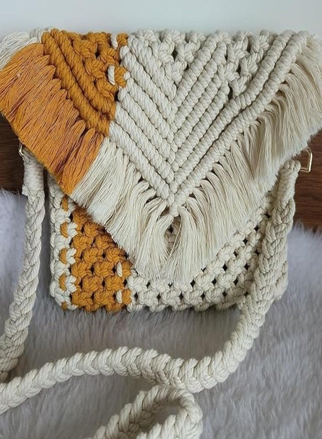 tms Handmade Macrame Sling Bag - Mustard & Off-White Boho Chic Bag, 10x8 Inches, Fringe Shoulder Bag with Detachable Strap and Zipper Closure -1 pcs - Image 5